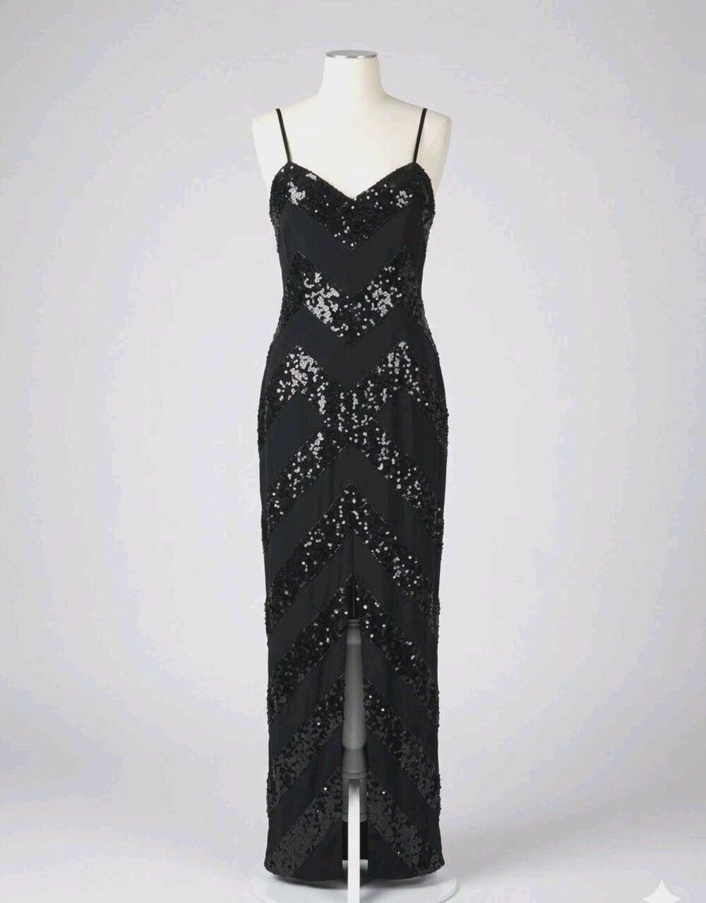 Vintage Y2K Black Silk Sequin Column Maxi Long Gown Evening Formal Slip Dress M - Picture 4 of 16